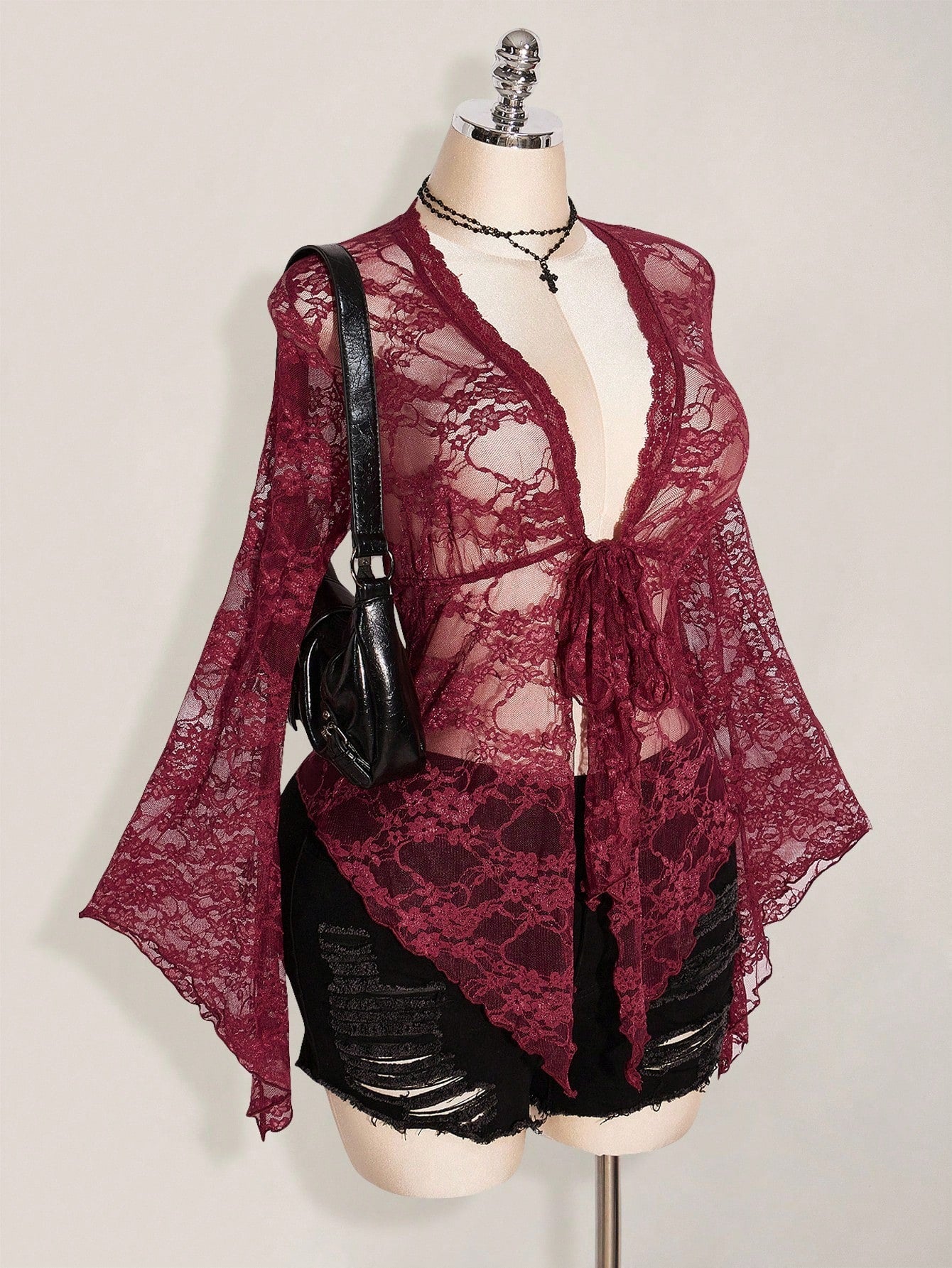 ICON Plus Size Y2K Women's Western Country Concert Boho Hippie Goth Sheer Burgundy Sexy Lace Twist Front Long Sleeve Cardigan, Suitable For Halloween Fall
