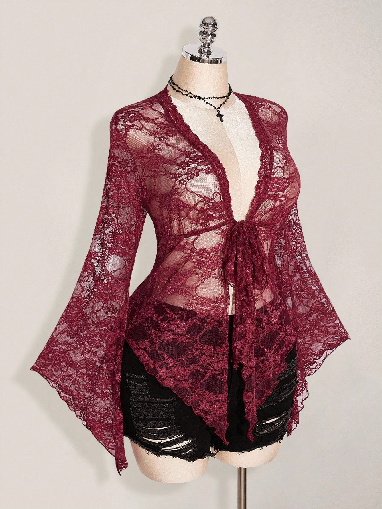 ICON Plus Size Y2K Women's Western Country Concert Boho Hippie Goth Sheer Burgundy Sexy Lace Twist Front Long Sleeve Cardigan, Suitable For Halloween Fall