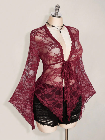 ICON Plus Size Y2K Women's Western Country Concert Boho Hippie Goth Sheer Burgundy Sexy Lace Twist Front Long Sleeve Cardigan, Suitable For Halloween Fall