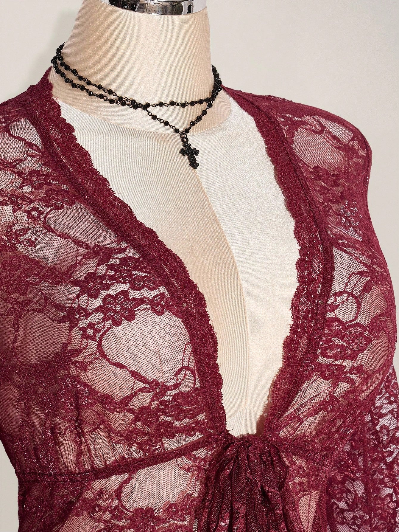ICON Plus Size Y2K Women's Western Country Concert Boho Hippie Goth Sheer Burgundy Sexy Lace Twist Front Long Sleeve Cardigan, Suitable For Halloween Fall