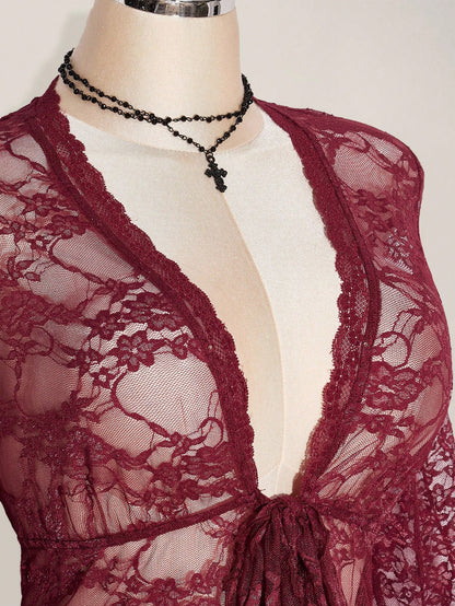ICON Plus Size Y2K Women's Western Country Concert Boho Hippie Goth Sheer Burgundy Sexy Lace Twist Front Long Sleeve Cardigan, Suitable For Halloween Fall