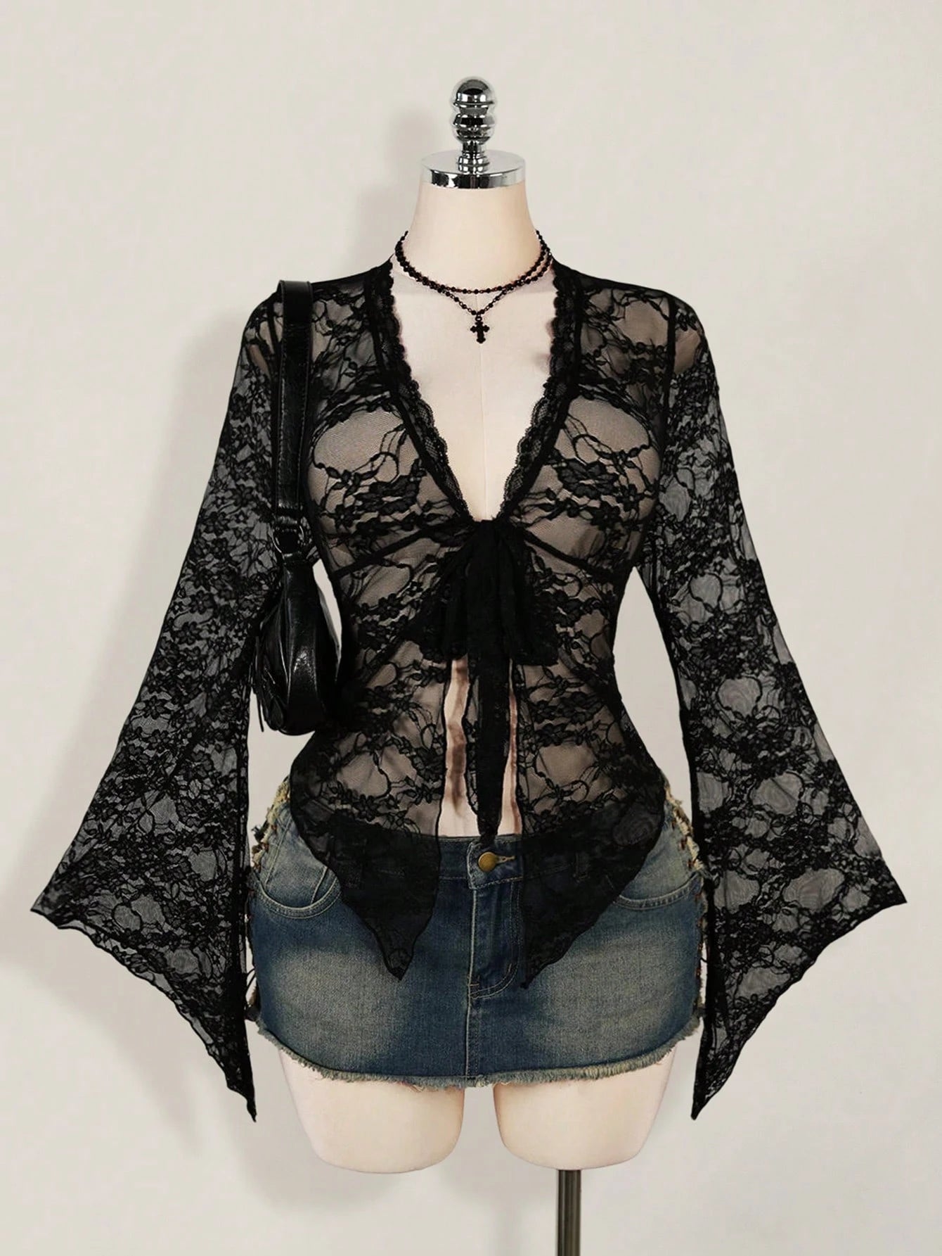 ICON Plus Size Y2K Women's Western Country Concert Boho Hippie Goth Sheer Burgundy Sexy Lace Twist Front Long Sleeve Cardigan, Suitable For Halloween Fall