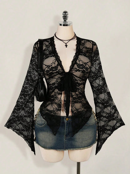 ICON Plus Size Y2K Women's Western Country Concert Boho Hippie Goth Sheer Burgundy Sexy Lace Twist Front Long Sleeve Cardigan, Suitable For Halloween Fall