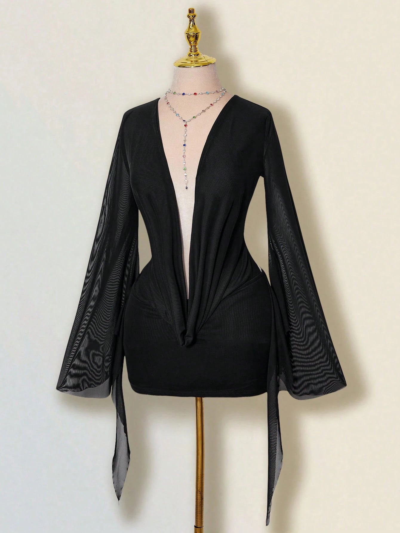 ICON Sexy Oversized Plunging Neckline Mesh Patchwork Backless Mini Dress