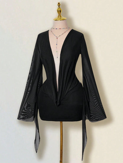 ICON Sexy Oversized Plunging Neckline Mesh Patchwork Backless Mini Dress