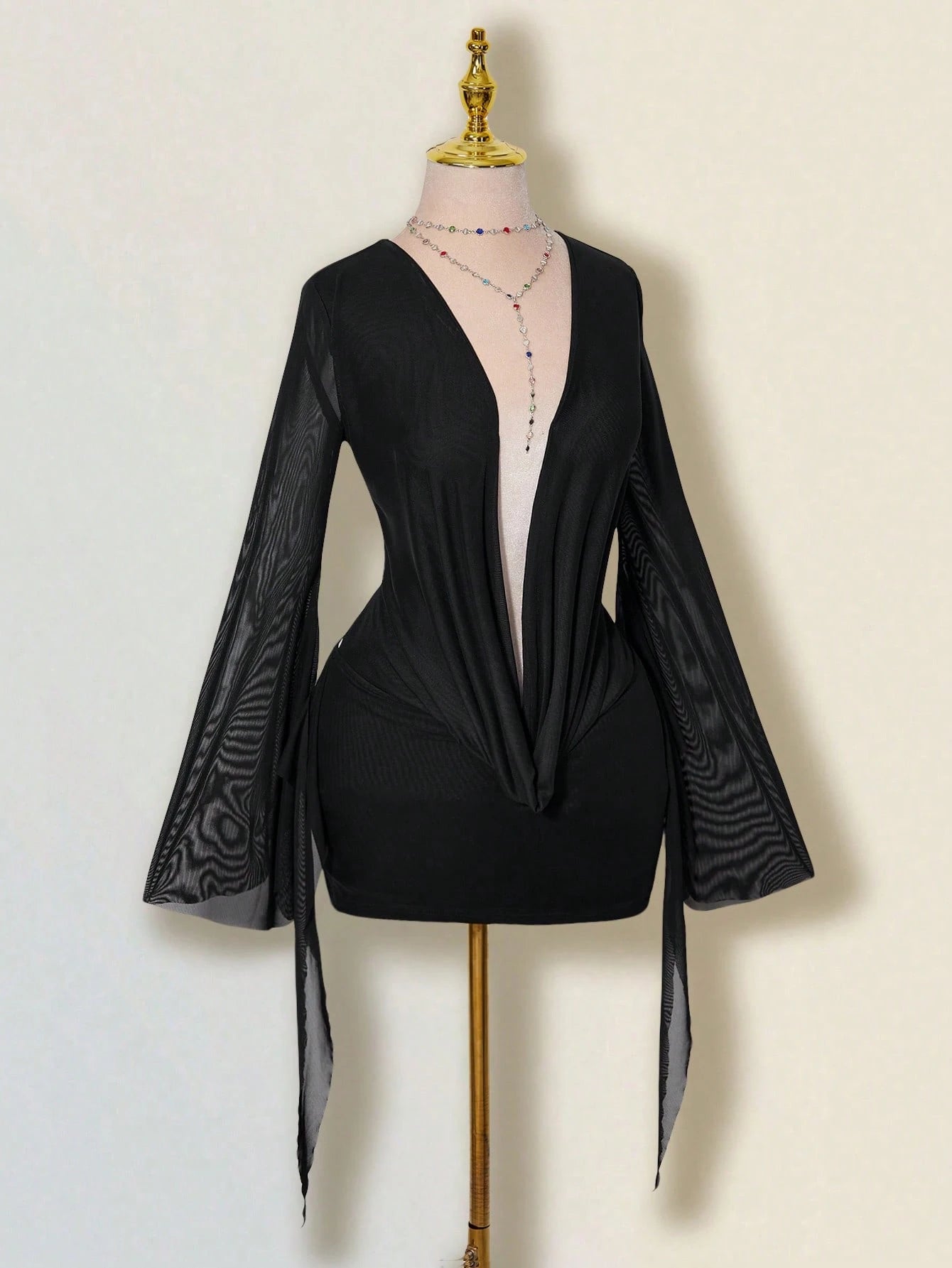 ICON Sexy Oversized Plunging Neckline Mesh Patchwork Backless Mini Dress