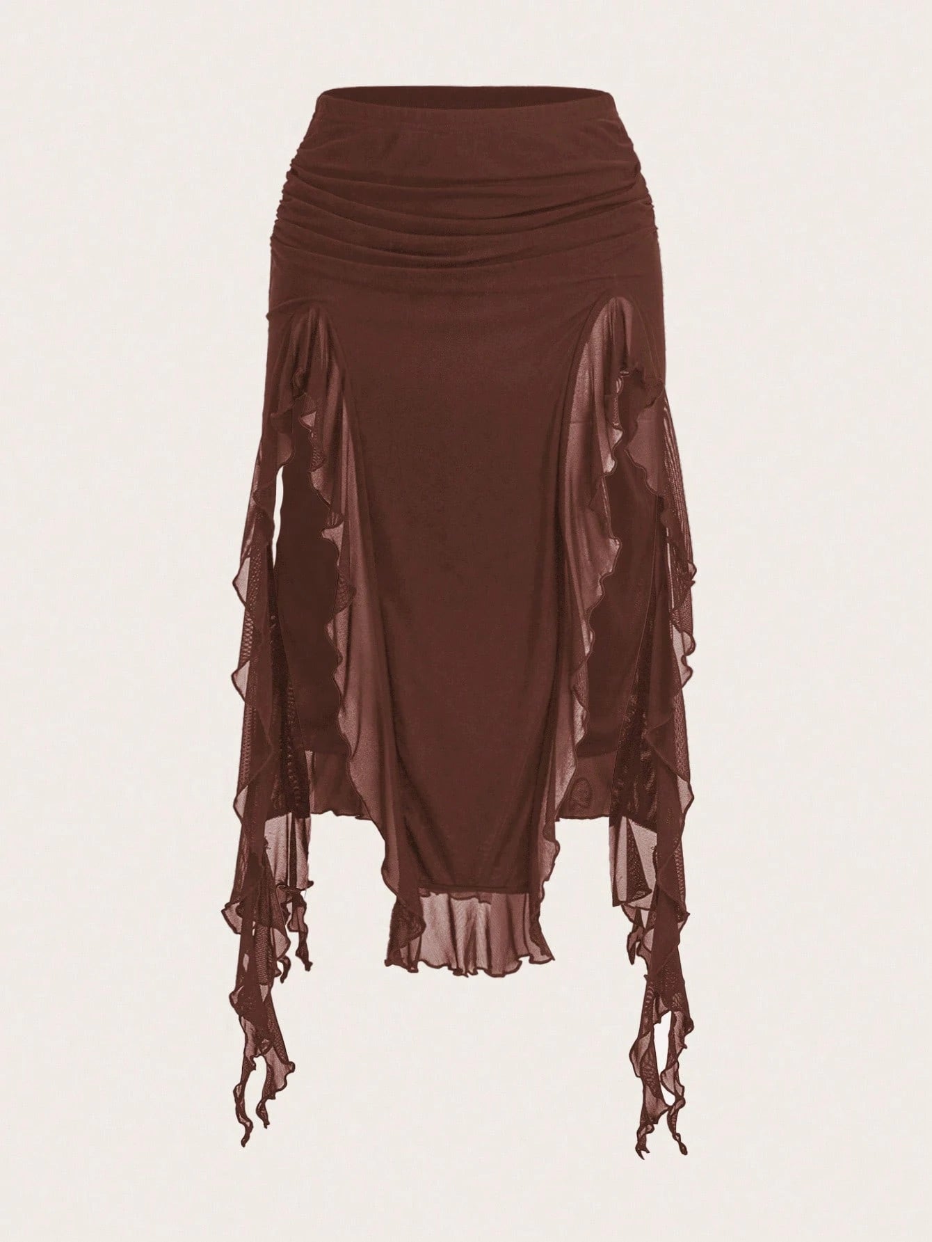 ICON Summer Fashion Solid Color Ruffle Hem High Slit Skirt Brown Skirt Ruffle Skirt