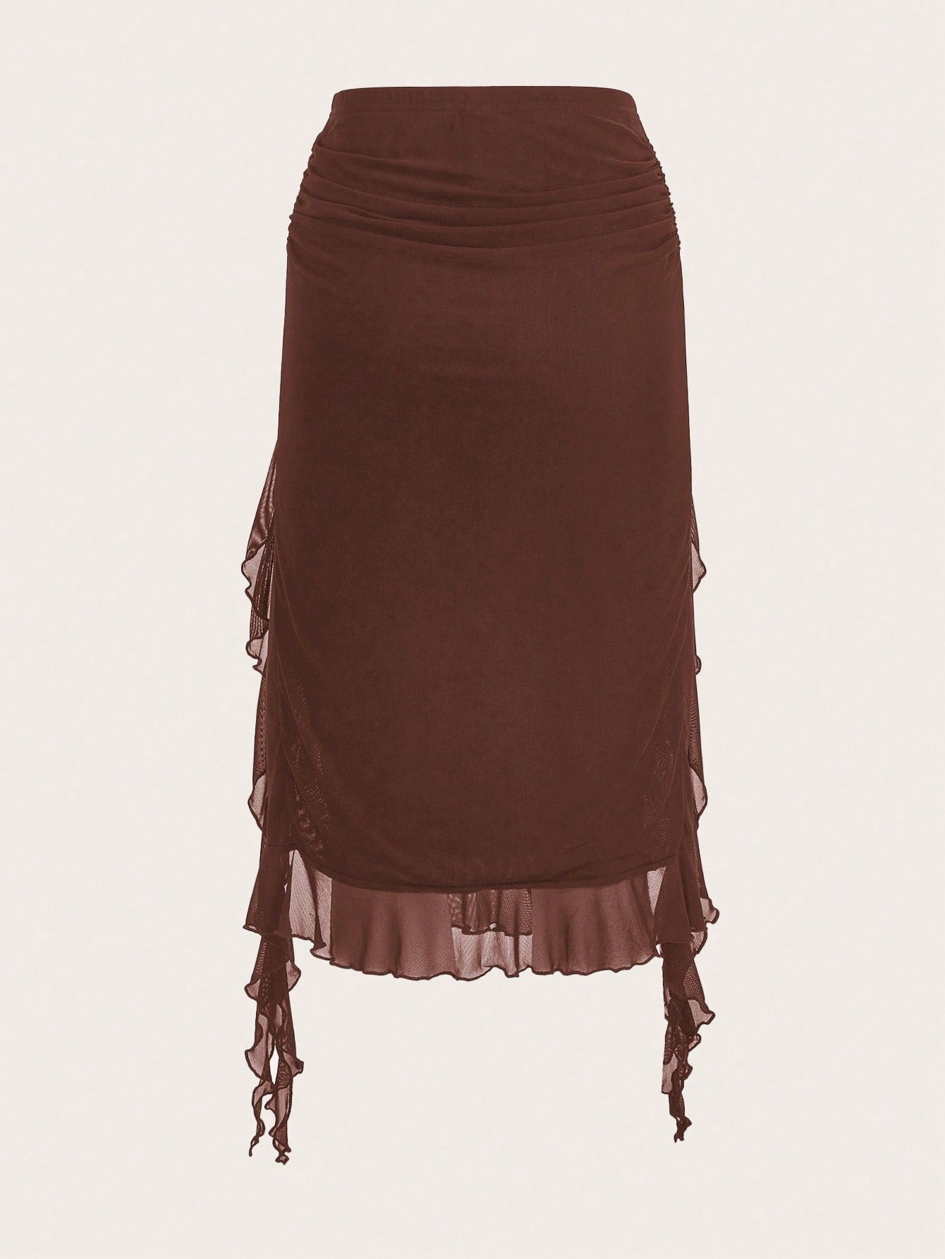 ICON Summer Fashion Solid Color Ruffle Hem High Slit Skirt Brown Skirt Ruffle Skirt