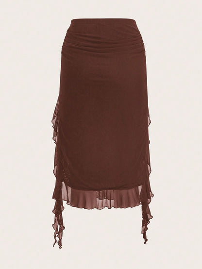 ICON Summer Fashion Solid Color Ruffle Hem High Slit Skirt Brown Skirt Ruffle Skirt