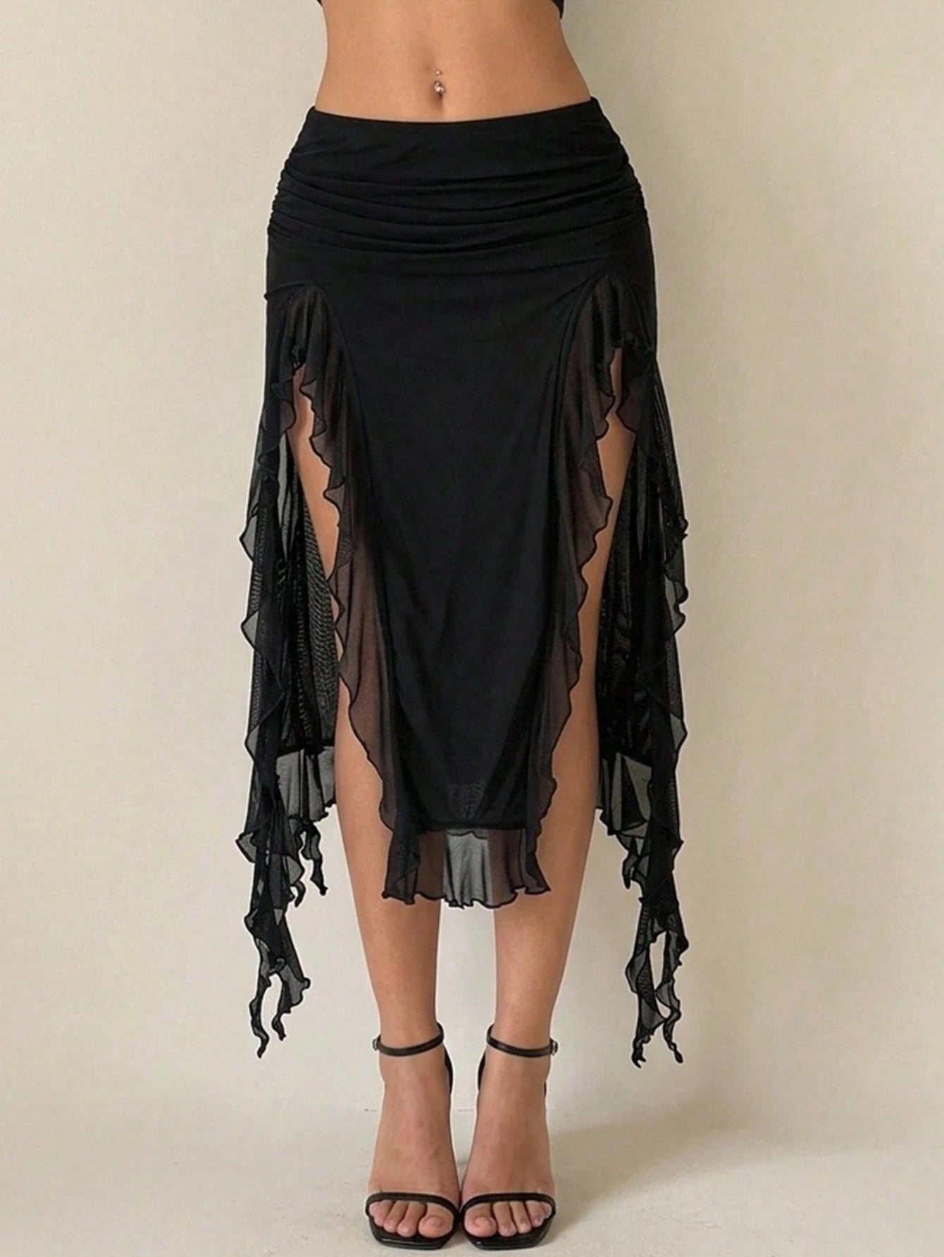 ICON Summer Fashion Solid Color Ruffle Hem High Slit Skirt Brown Skirt Ruffle Skirt