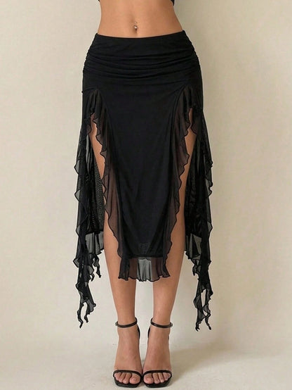 ICON Summer Fashion Solid Color Ruffle Hem High Slit Skirt Brown Skirt Ruffle Skirt