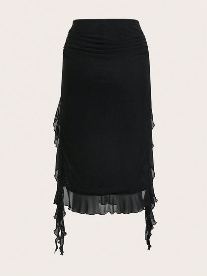 ICON Summer Fashion Solid Color Ruffle Hem High Slit Skirt Brown Skirt Ruffle Skirt