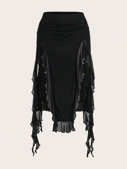 ICON Summer Fashion Solid Color Ruffle Hem High Slit Skirt Brown Skirt Ruffle Skirt