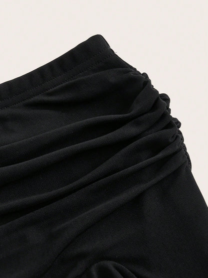 ICON Summer Fashion Solid Color Ruffle Hem High Slit Skirt Brown Skirt Ruffle Skirt