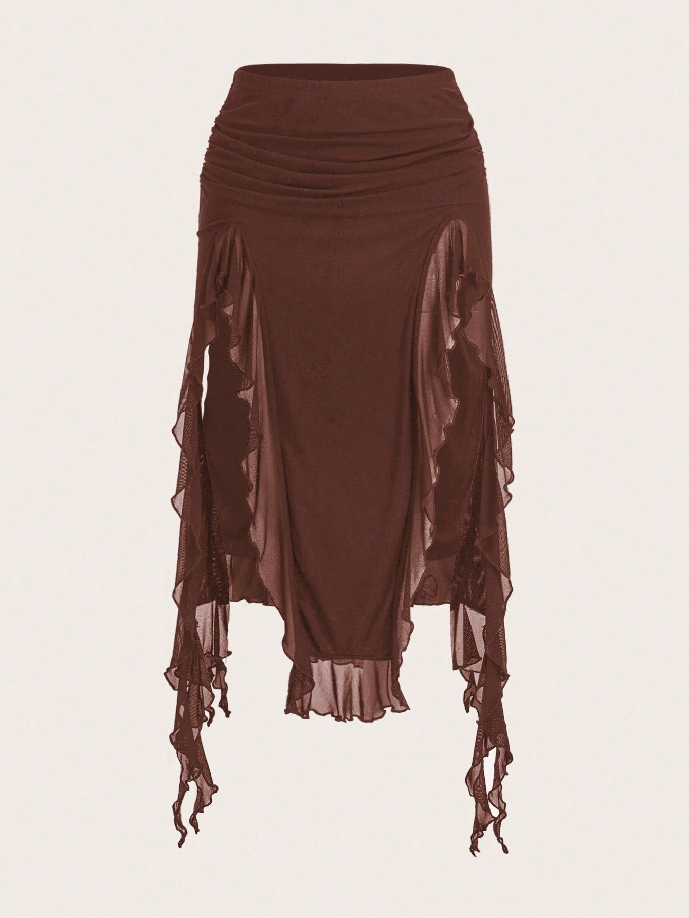 ICON Summer Fashion Solid Color Ruffle Hem High Slit Skirt Brown Skirt Ruffle Skirt