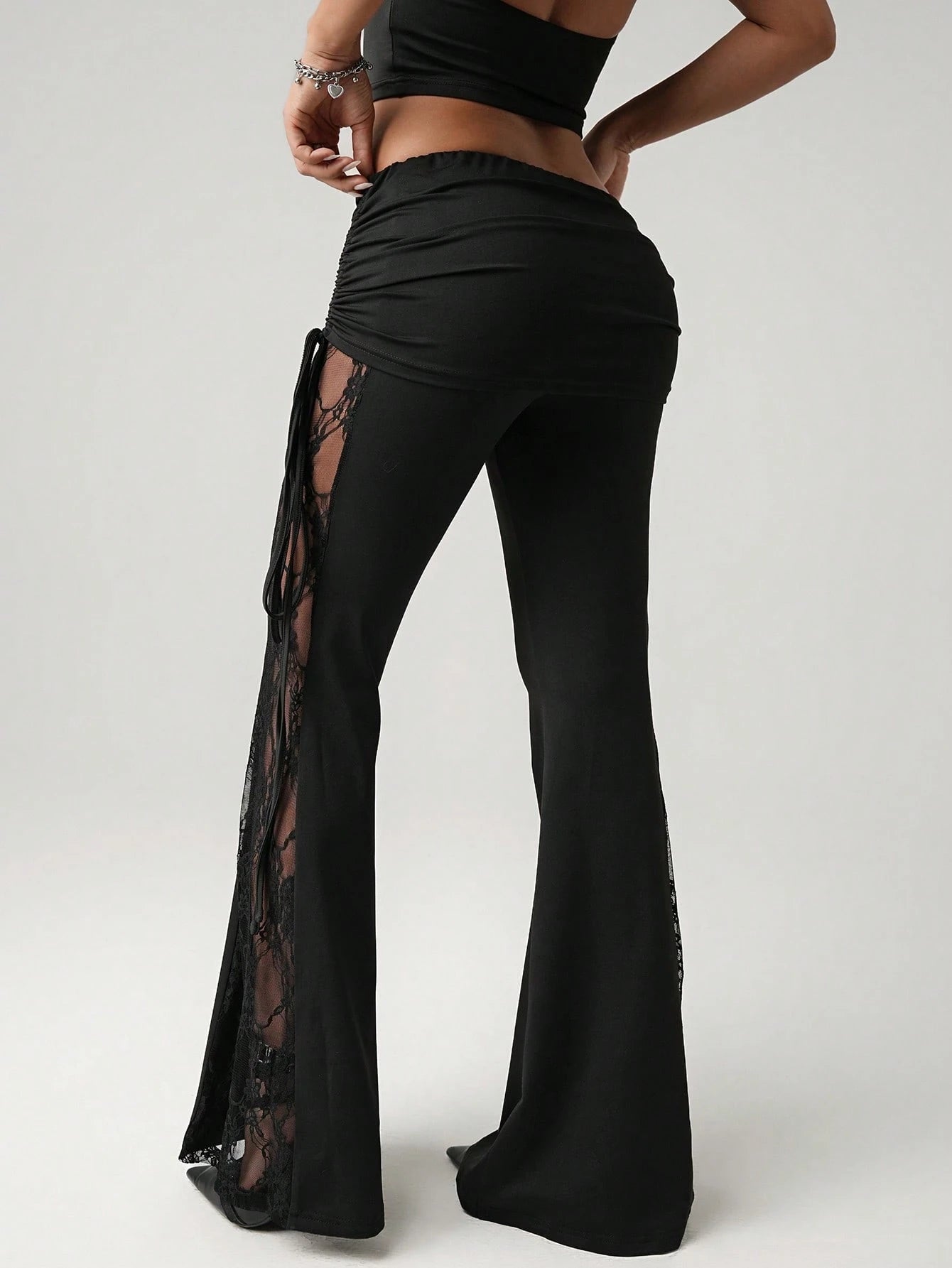 ICON Women's Black Lace Side Panel Beach Resort Sexy Waist Drawstring Ruched Flare Pants