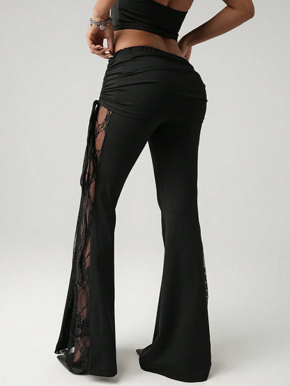 ICON Women's Black Lace Side Panel Beach Resort Sexy Waist Drawstring Ruched Flare Pants