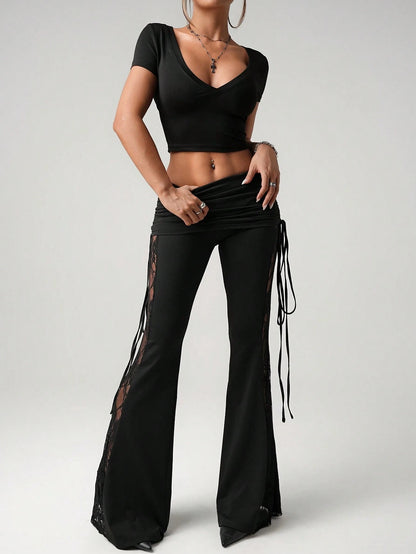 ICON Women's Black Lace Side Panel Beach Resort Sexy Waist Drawstring Ruched Flare Pants