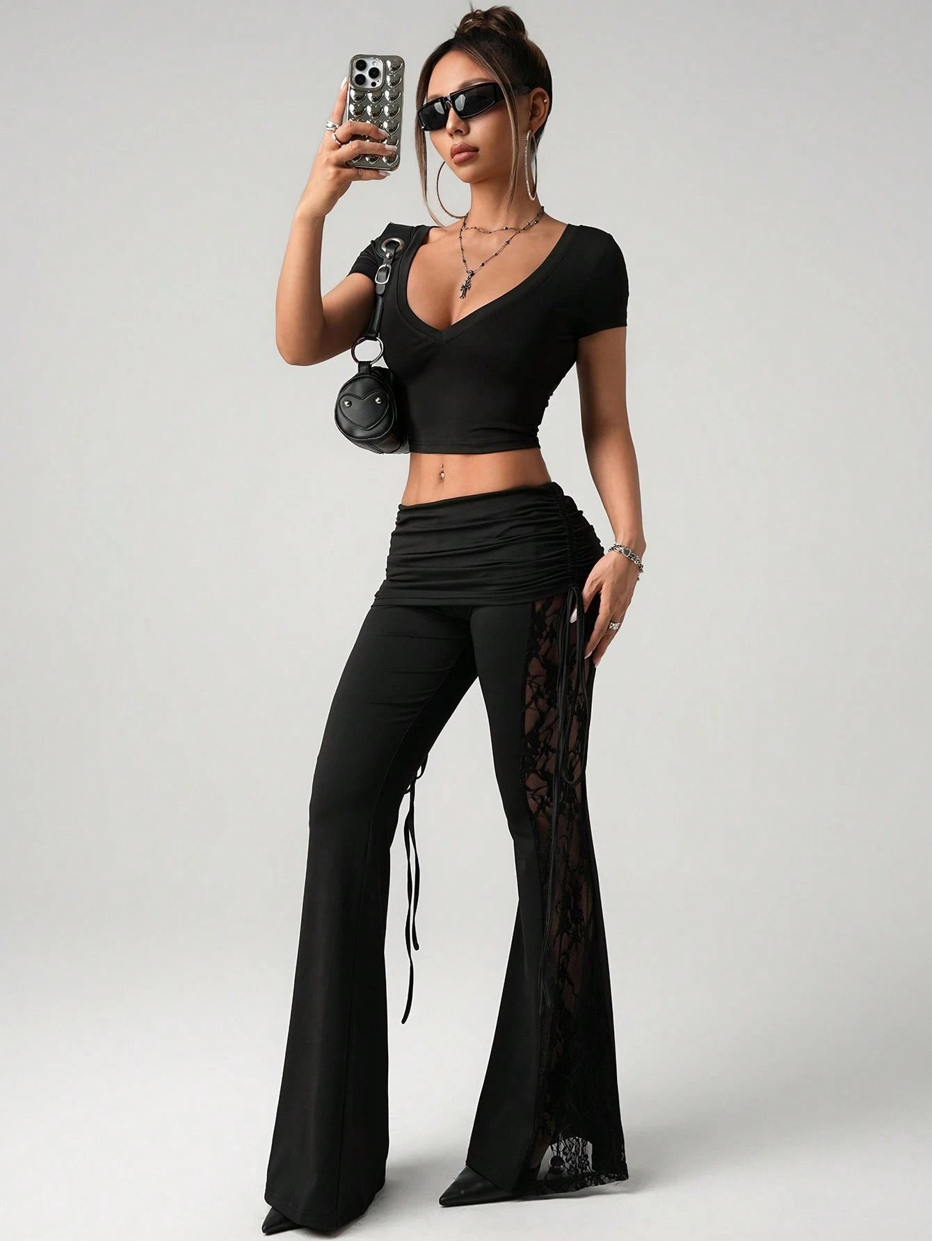ICON Women's Black Lace Side Panel Beach Resort Sexy Waist Drawstring Ruched Flare Pants