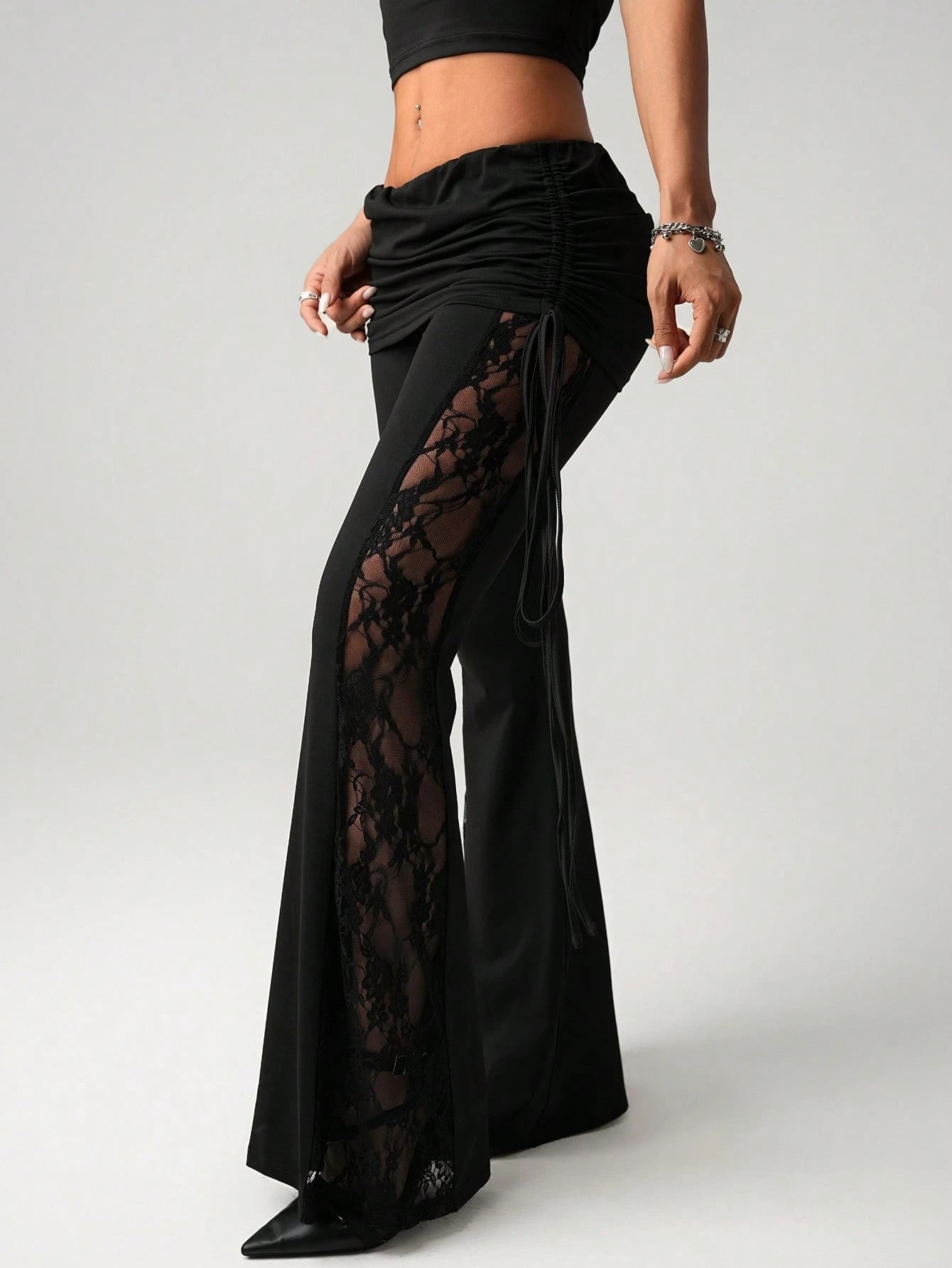 ICON Women's Black Lace Side Panel Beach Resort Sexy Waist Drawstring Ruched Flare Pants