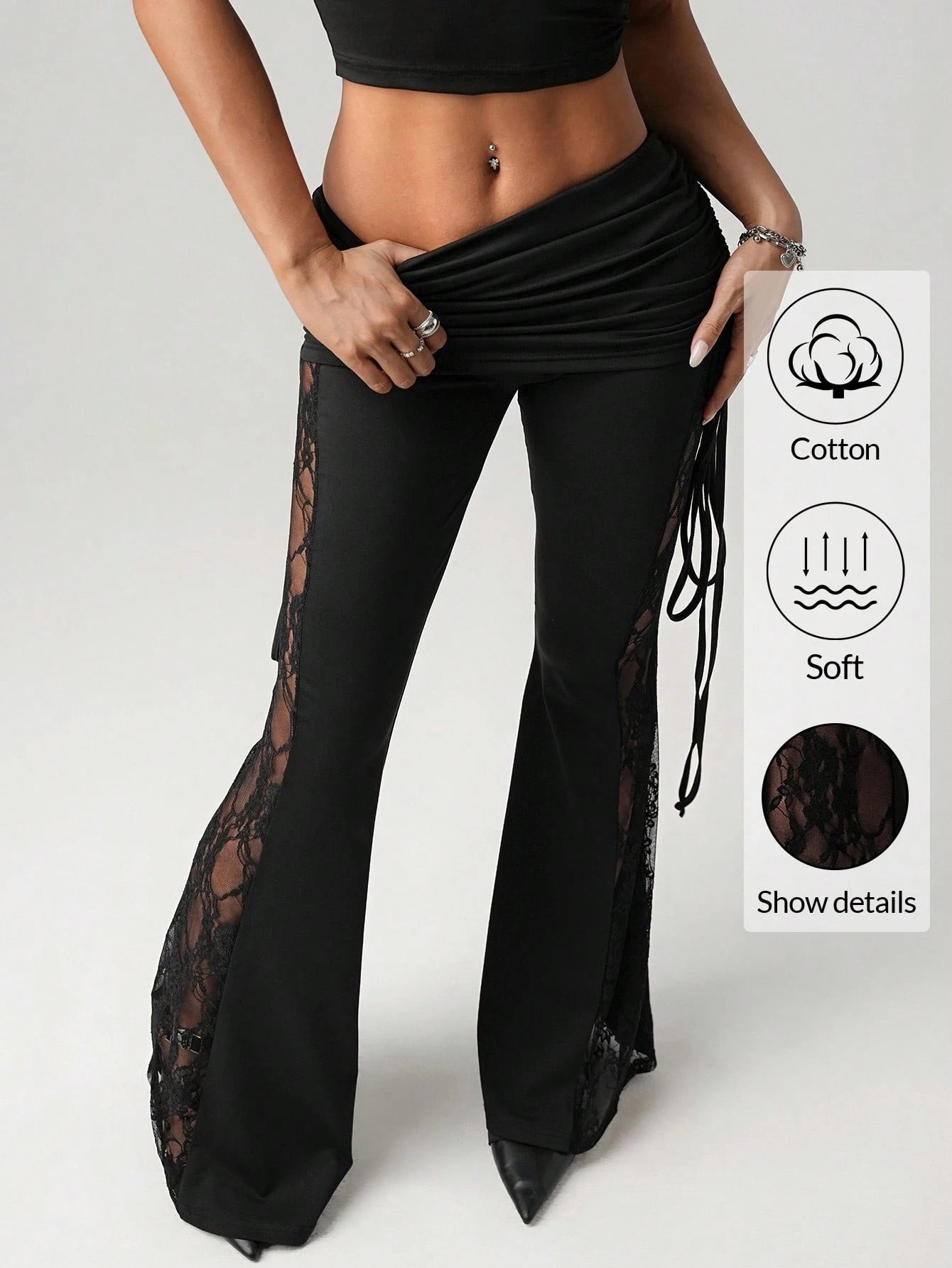 ICON Women's Black Lace Side Panel Beach Resort Sexy Waist Drawstring Ruched Flare Pants