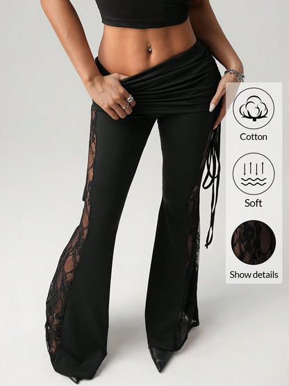 ICON Women's Black Lace Side Panel Beach Resort Sexy Waist Drawstring Ruched Flare Pants