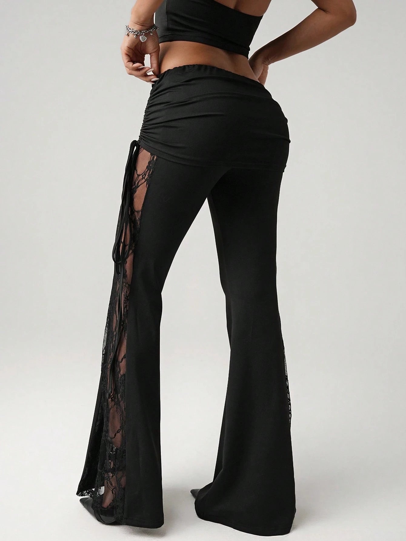 ICON Women's Black Lace Side Panel Beach Resort Sexy Waist Drawstring Ruched Flare Pants