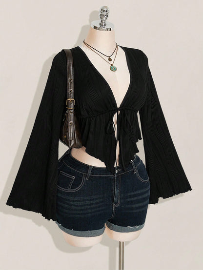 ICON Women's Plus Size Black Autumn Boho Night Out Club Retro Y2K Knitted Front Bow Tie Flared Long Sleeves Asymmetrical Hem Top Fall