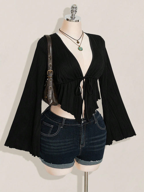 ICON Women's Plus Size Black Autumn Boho Night Out Club Retro Y2K Knitted Front Bow Tie Flared Long Sleeves Asymmetrical Hem Top Fall