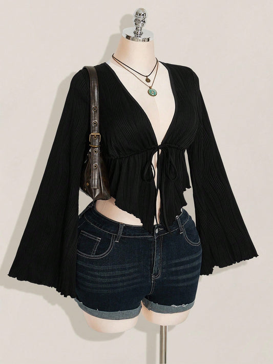 ICON Women's Plus Size Black Autumn Boho Night Out Club Retro Y2K Knitted Front Bow Tie Flared Long Sleeves Asymmetrical Hem Top Fall