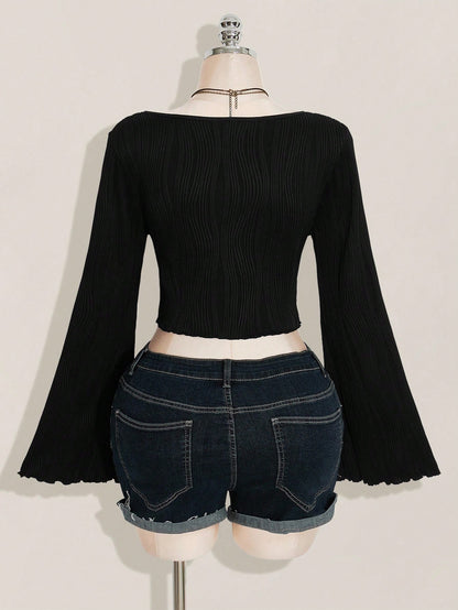 ICON Women's Plus Size Black Autumn Boho Night Out Club Retro Y2K Knitted Front Bow Tie Flared Long Sleeves Asymmetrical Hem Top Fall