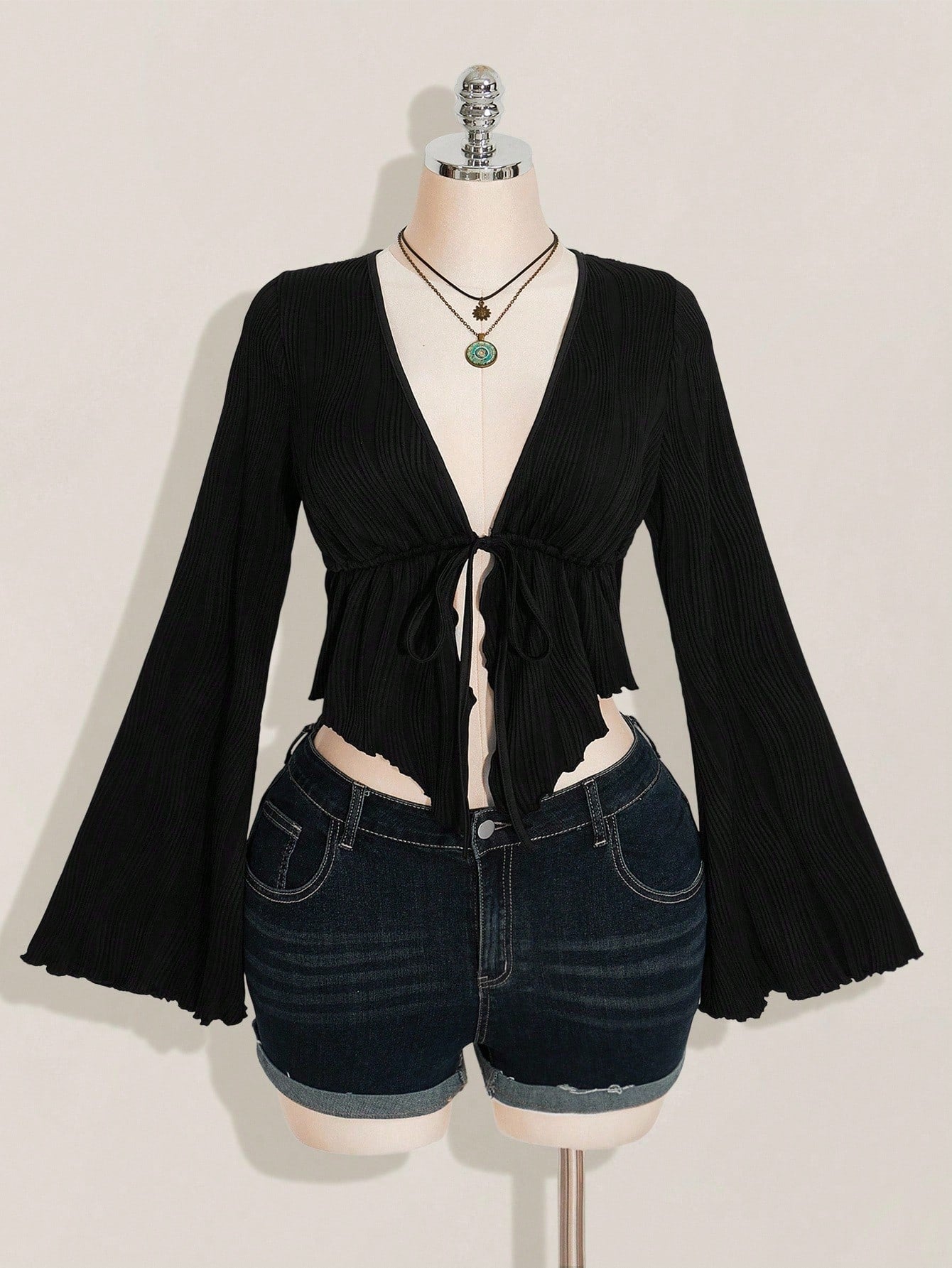 ICON Women's Plus Size Black Autumn Boho Night Out Club Retro Y2K Knitted Front Bow Tie Flared Long Sleeves Asymmetrical Hem Top Fall