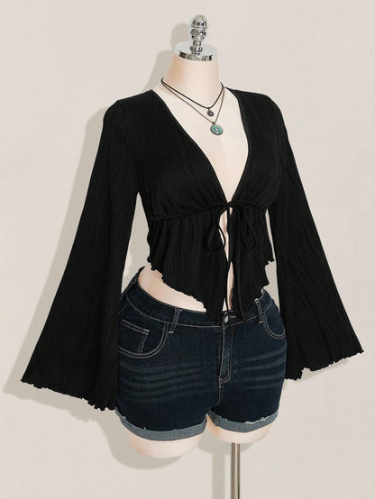 ICON Women's Plus Size Black Autumn Boho Night Out Club Retro Y2K Knitted Front Bow Tie Flared Long Sleeves Asymmetrical Hem Top Fall
