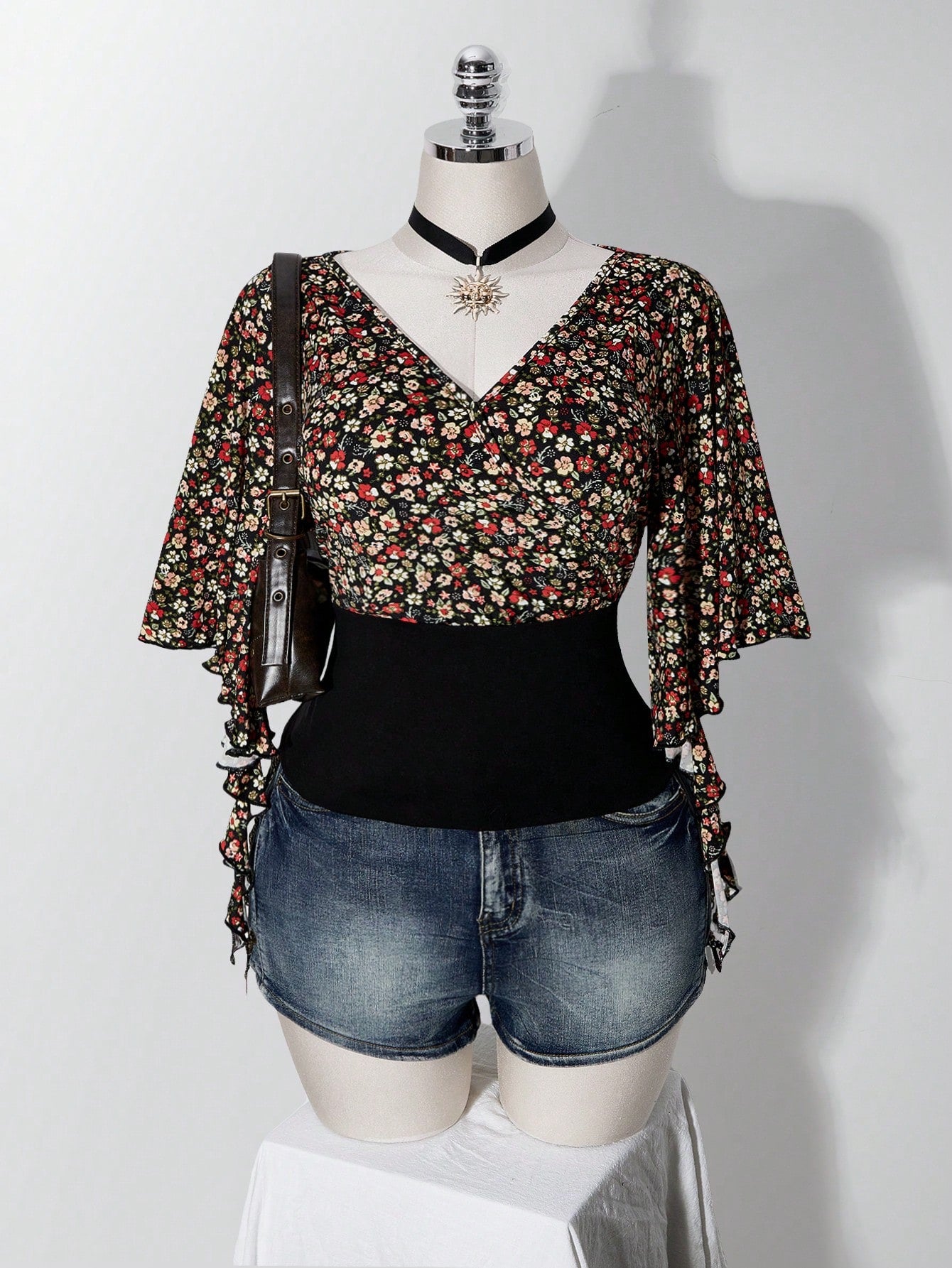 ICON Women's Plus Size Floral Patchwork Ruffle Trim T-Shirt