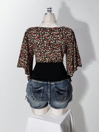 ICON Women's Plus Size Floral Patchwork Ruffle Trim T-Shirt