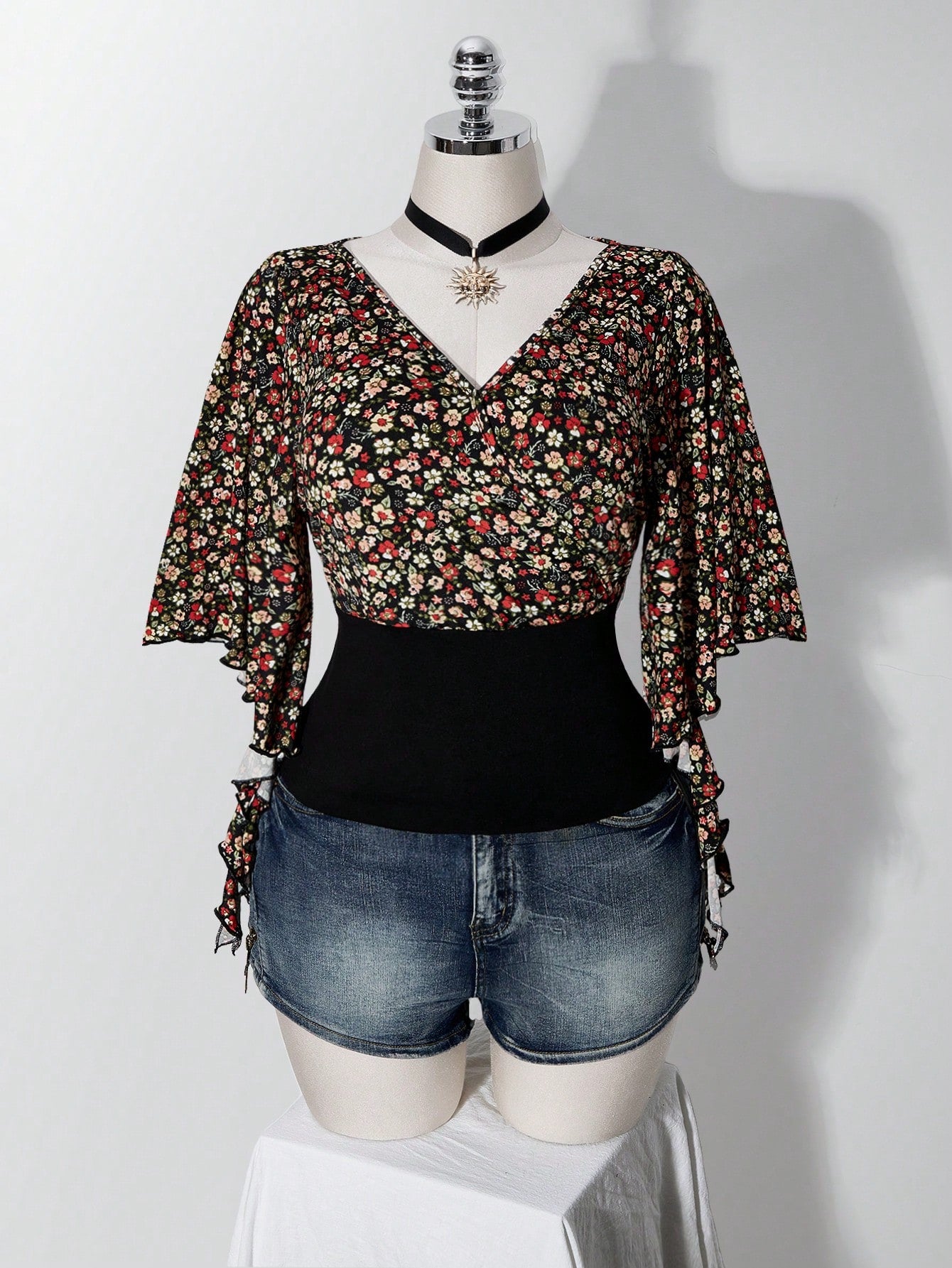 ICON Women's Plus Size Floral Patchwork Ruffle Trim T-Shirt