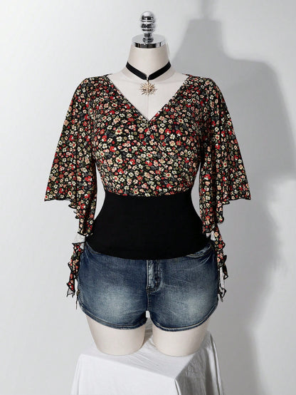 ICON Women's Plus Size Floral Patchwork Ruffle Trim T-Shirt