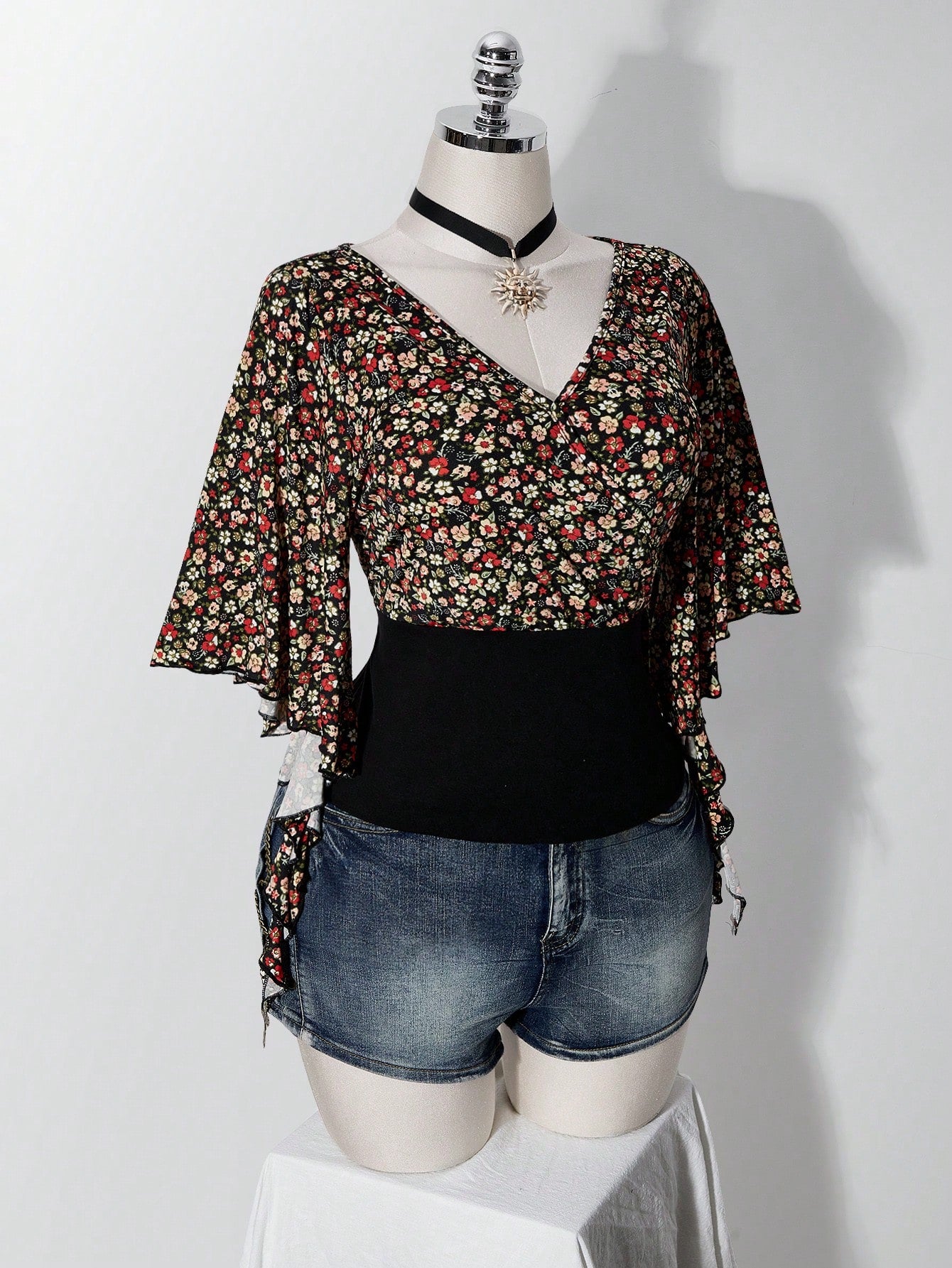 ICON Women's Plus Size Floral Patchwork Ruffle Trim T-Shirt