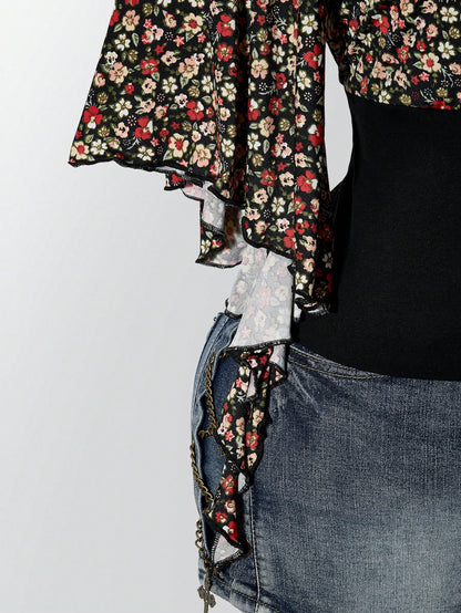 ICON Women's Plus Size Floral Patchwork Ruffle Trim T-Shirt