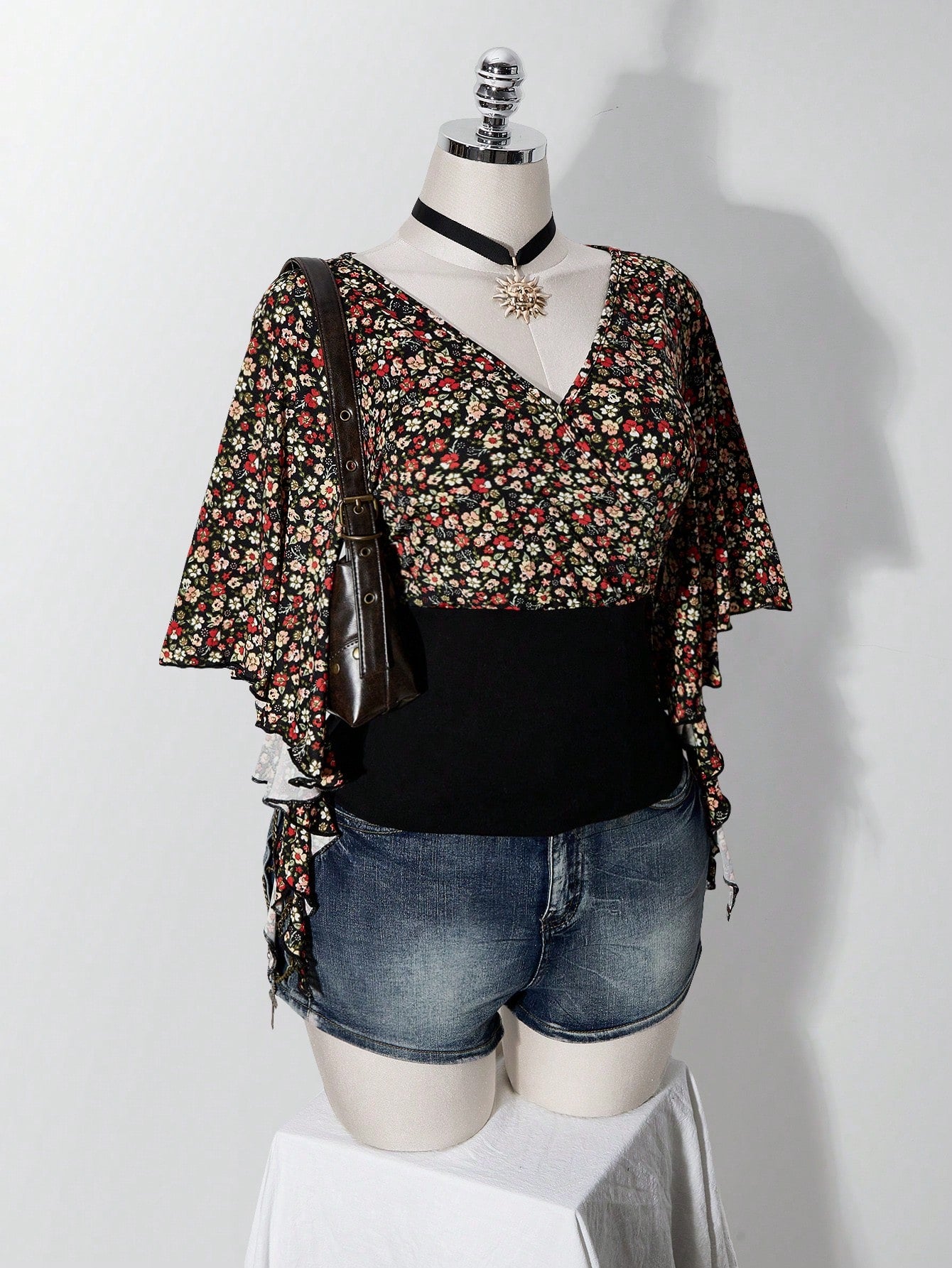 ICON Women's Plus Size Floral Patchwork Ruffle Trim T-Shirt