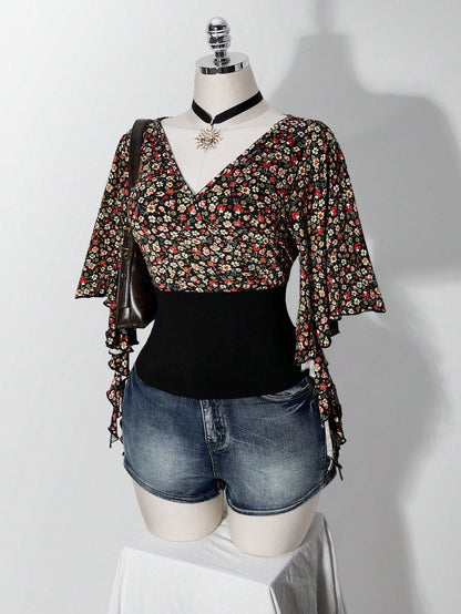 ICON Women's Plus Size Floral Patchwork Ruffle Trim T-Shirt