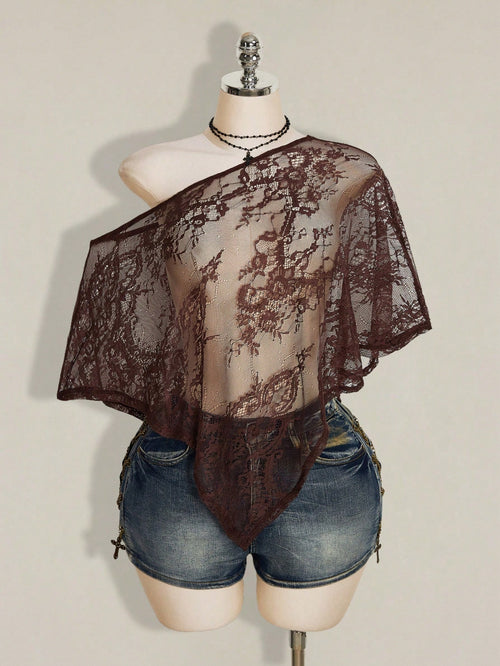 ICON Women's Plus Size Lace One Shoulder Asymmetrical Hem Top