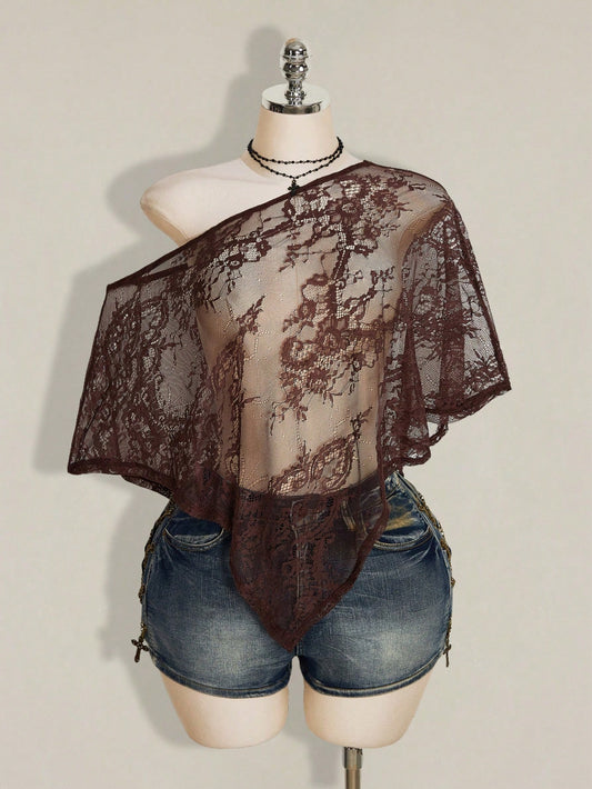 ICON Women's Plus Size Lace One Shoulder Asymmetrical Hem Top