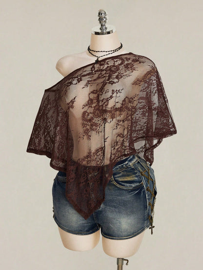 ICON Women's Plus Size Lace One Shoulder Asymmetrical Hem Top