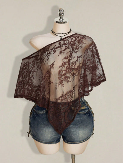 ICON Women's Plus Size Lace One Shoulder Asymmetrical Hem Top