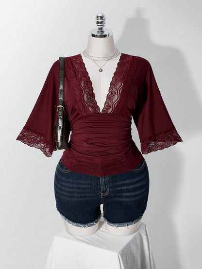 ICON Women's Plus Size Retro Sexy Millennial Style Y2K Simple Casual Elegant Commuter Urban Modern Lace P Date Night Burgundy Summer