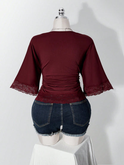 ICON Women's Plus Size Retro Sexy Millennial Style Y2K Simple Casual Elegant Commuter Urban Modern Lace P Date Night Burgundy Summer