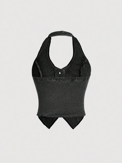 ICON Y2K Blue Elastic Cropped Backless Halter Denim Vest Top Summer Tops For Women Going Out Tops Women