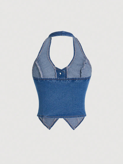 ICON Y2K Blue Elastic Cropped Backless Halter Denim Vest Top Summer Tops For Women Going Out Tops Women