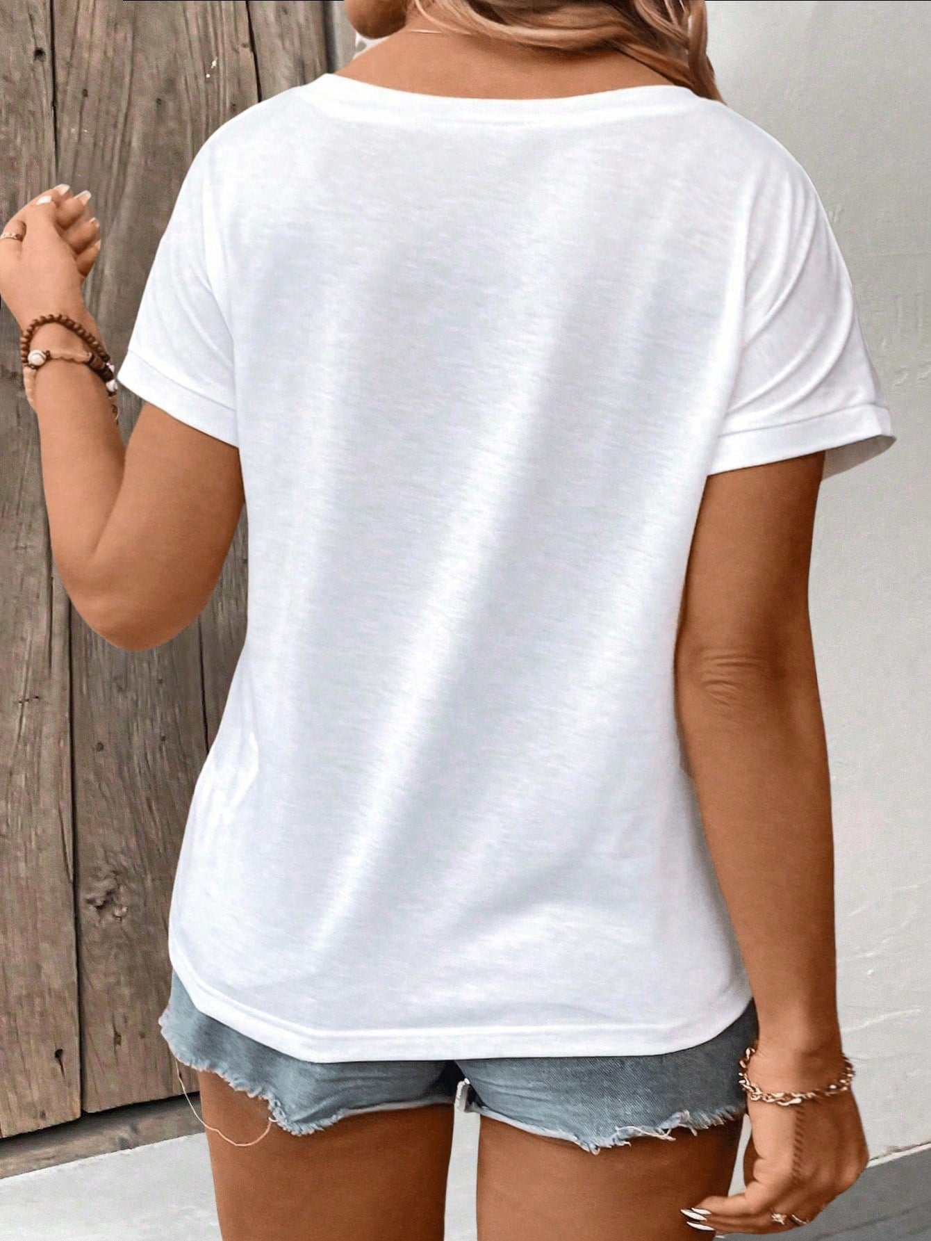 INAWLY Plus Size Women Casual V-Neck Short Sleeve Patchwork Cuff T-Shirt, Versatile Style For Spring And Summer